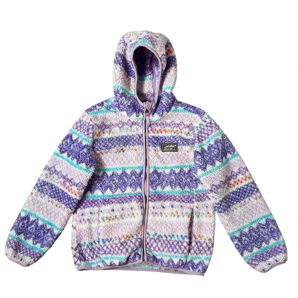 Eddie Bauer Kids Quest Plush Fleece Hooded Jacket Girls Size M Purple Fair Isle